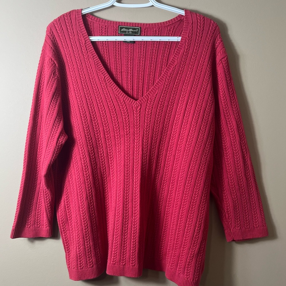 Eddie Bauer V-Neck Cable Knit Sweater Coral Pink 3/4 Sleeve XXL Minimalist - Picture 7 of 7